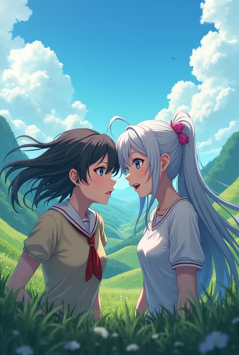 Two anime women close up in a wide landscape from a worms eye view