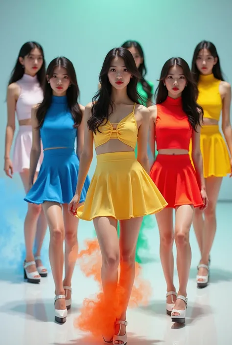 7 members girl groups, all japanese full of confidence on stage, beautiful,cool, unique style, talented, represent each member color white, blue, orange,yellow,red,green, purple, background  dance practice 