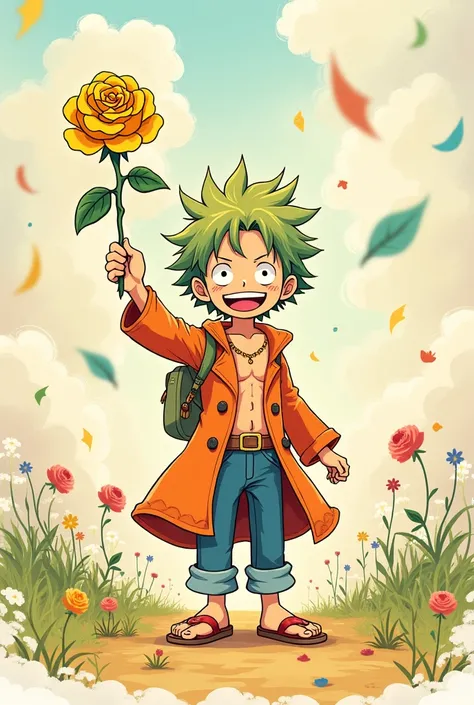 Generate a one piece character with a yellow rose and say it in the form "Thiago, for you" that will not be realistic at all and will look like a drawing made by a child 