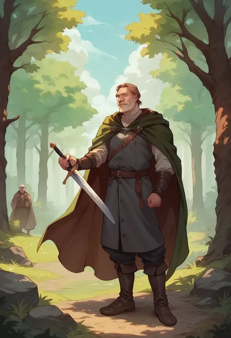 1 male, medieval leather clothing, sword, strong, old man, old, wrinkles, brown hair, warrior, forest in background, cloak, 