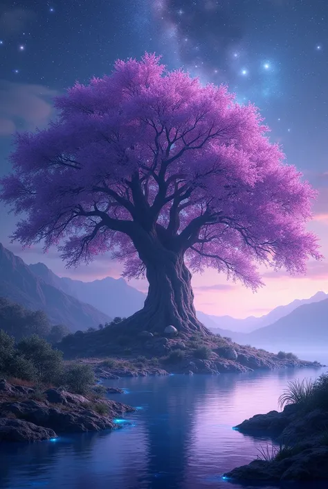 A surreal nighttime landscape featuring a large, majestic tree adorned with vibrant purple flowers. The scene is enveloped in a mystical atmosphere, with a deep gradient of purple and blue hues blending seamlessly into a starry sky filled with shimmering s...