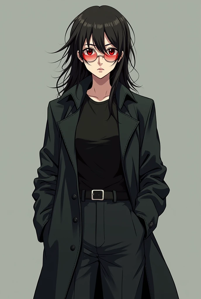 *A female figure Seem Quite mature she wearring Red tinted round glasses with Long messy hair Strandded hair hide her forehead She wear Trench coat black shirt she wearing Black trouser also she wearing belt wearring black military Boot her name is Mayurat...