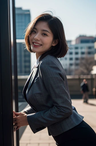 (In 16K,highest quality,masterpiece,Realistic,RAW Photos,Super Fine Clear,Realistic moody lighting,wide shot,),Detailed skin,Beautiful Japanese Woman,((30-year-old woman)),office lady,(wear a suit,thin pantyhose,high heels,tall,unkempt bobcut,era of asian ...