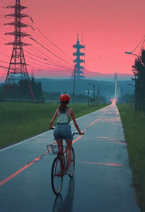 a girl is riding a bicycle, , Shorts, Road with power tower in the background, Inspired by Simon Stahlenhag, Nuclear Art, Red Sky, Anime aesthetics, Suburban, UFOlogy
