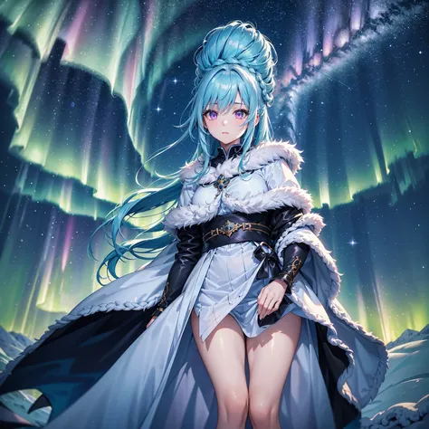 (Sky blue hair),(Braided medium hair), (Pink Eyes),Fair skin) ,(whole body),(One Girl),(masterpiece, Highest quality, Fur coat,Very detailed, Best Shadow), (Detailed Background), (Beautifully detailed face), High Contrast, (Best lighting, Very delicate and...