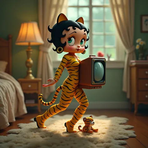 Betty boop, wearing yellow and black striped jumpsuit with tiger tail, wearing tiger ear on head, Walk on your stomach，The plastic body is traversed by a television，There is a little tiger doll next to it，The hazy background is inside a cozy bedroom，There ...