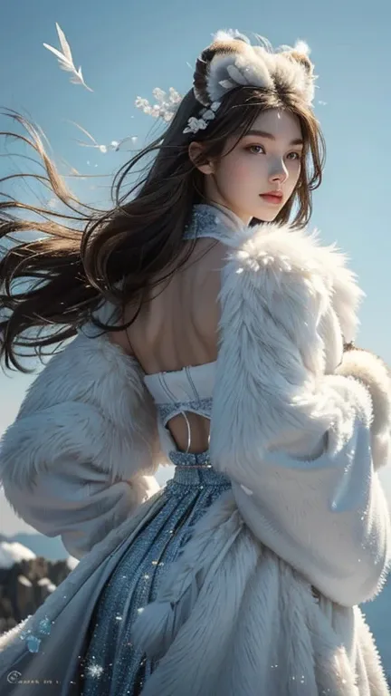 the fourth girl is in a serene blue and white outfit, reminiscent of a snow lions fur, showcasing the rarity and tranquility of the species. With a gentle gaze and a white feather boa that mimics the lions ruff, she stands as the embodiment of peace and ad...