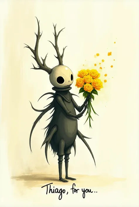 Generate a hollow knight character with a bouquet of yellow roses and say "Thiago, for you" that will not be realistic at all and will look like a drawing made by a child 