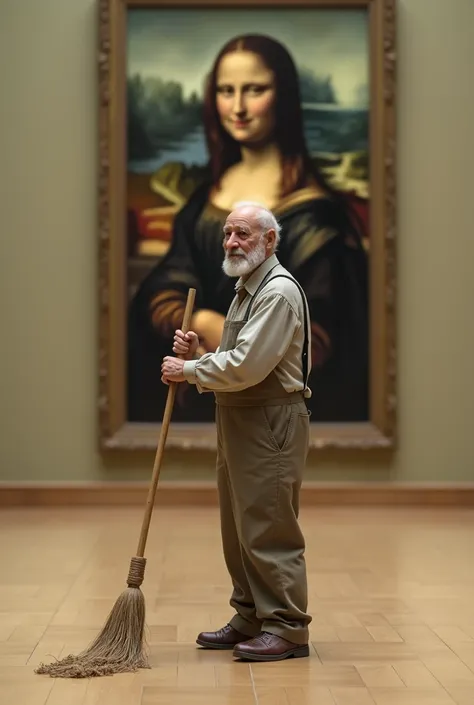 homme de ménage qui passe le balai devant la joconde au louvre mais qui est joyeux limite en train de danser et dans un style minimaliste 
moin joyeux et il est un peu vieu