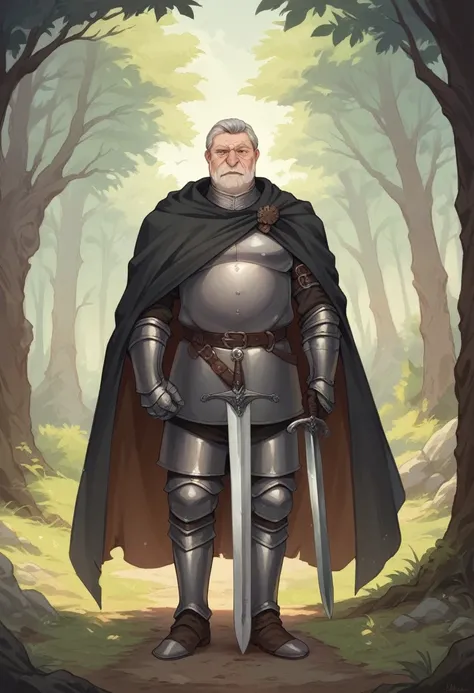 1 male, medieval leather armor, sword, strong, old man, old, wrinkles, grey hair, warrior, forest in background, cloak, 