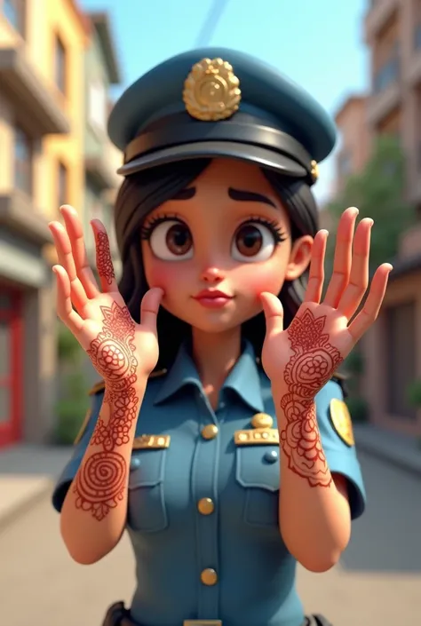 3d cartoon style The front of police officer A Girl Showing her Hands with Mehendi:  the women ands, showing intricate mehendi (henna) designs. Her hands are raised to emphasize she couldnt stop the boy.