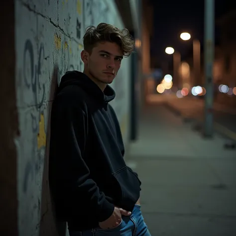 Man leaning on the wall, Wearing a hoodie and blue jeans, Staring at the camera, Nighttime