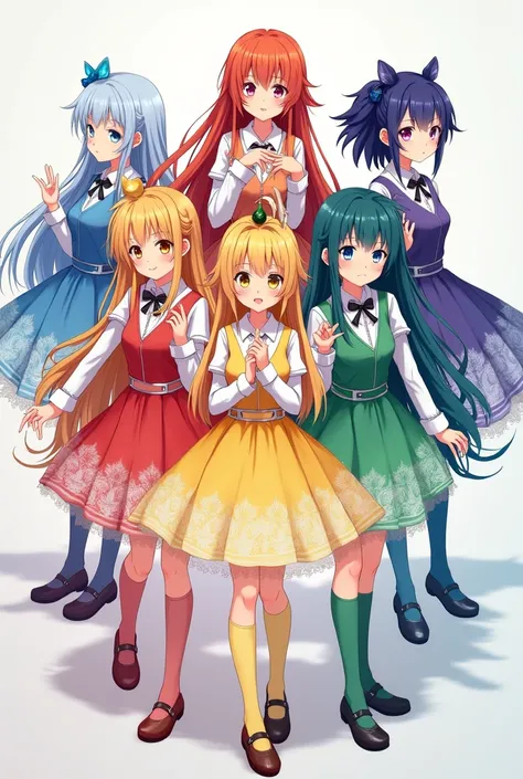 7 girls japanese, each member represent color white blue orange yellow red green purple, background, different characters, cool, beautiful, unique style, background on studio, anime style 