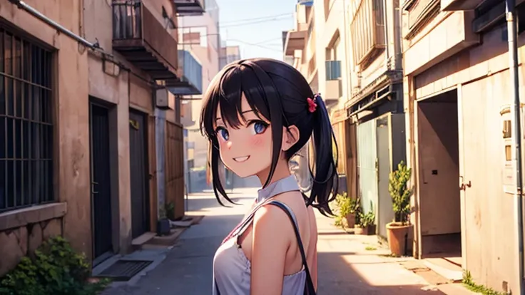 A girl gazing at me and grinning in a back alley with posters hanging up