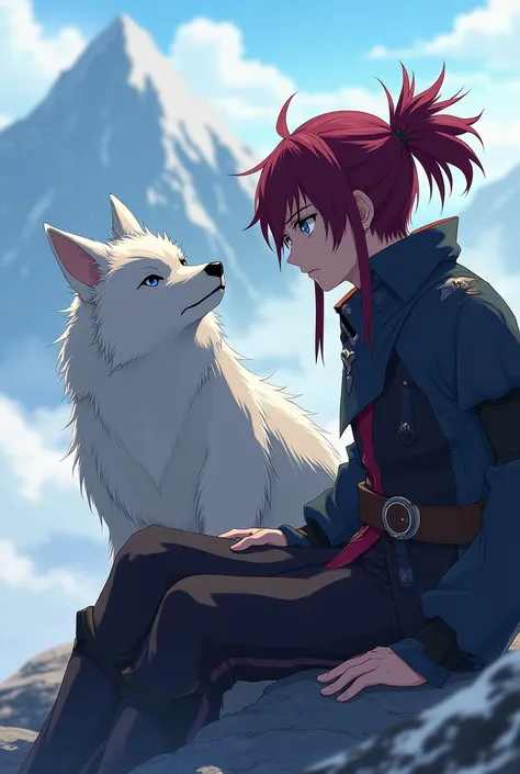 Anime Demon Slayer Blade Tangeko Komada 1 Youth, 1 wolf, in a young man:short hair, dark dark red hair, high ponytail, Blue eyes, looks at the wolf, sitting on the mountain, hair tips are dark burgundy, scar on forehead on the left 