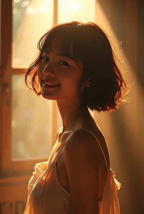 Japanese cute wife best quality, bangs, chest, smile, throw, silhouette, movie, 