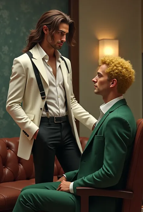 A half demon human male wearing a white suit, suspenders, black pants and glasses, Brown Long hair, Green Eyes, leaning in the CEOs chair while standing. A Male CEO sitting in a chair looking at the half demon besides him, Yellow curly hair, Green Eyes, gr...