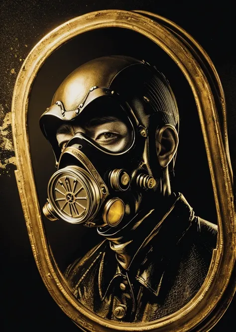 scar,horror,zombie,Charles I of England,gasmask,black & gold background,monochrome,old paint,sport,terrex