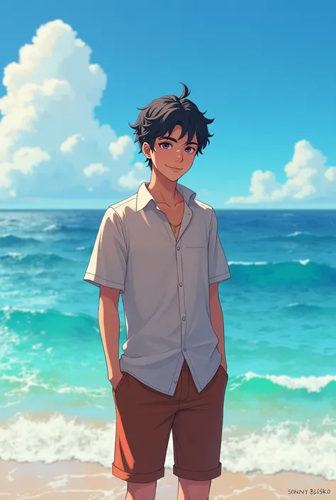 Sonny Brisko who is from nijisanji stood in the front of sea