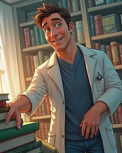 lab coat, doctor, books, smiling, green eyes, brown skin