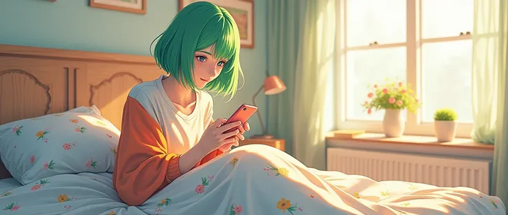 vocaloid woman with short green hair using cell phone on bedroom bed, anime digital art style