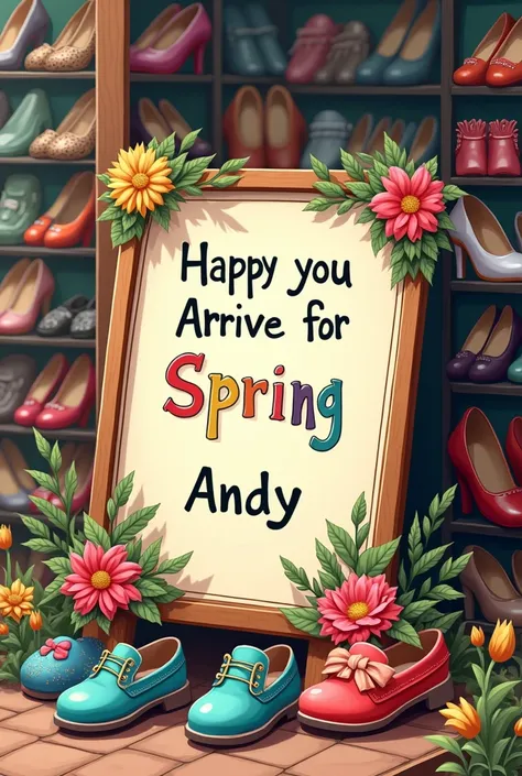 a sign that says happy spring wishes you Andy shoes surrounded by shoes 