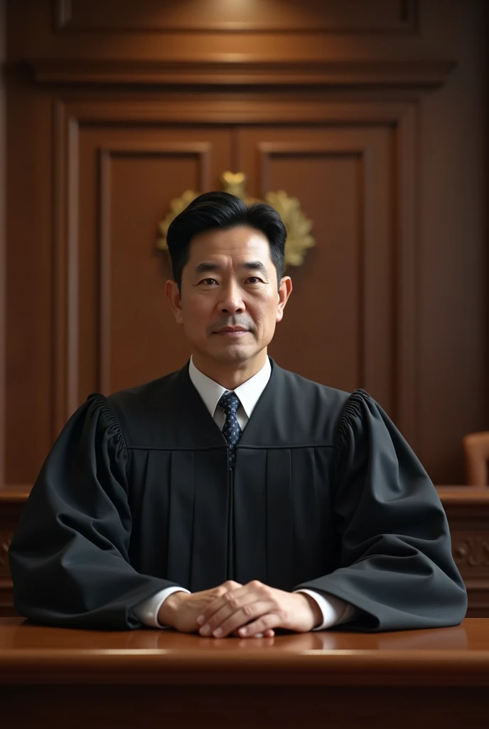 Asain male, 30 years old, slick wearing judge uniform sitting  down  coirt in session court room half body photo 