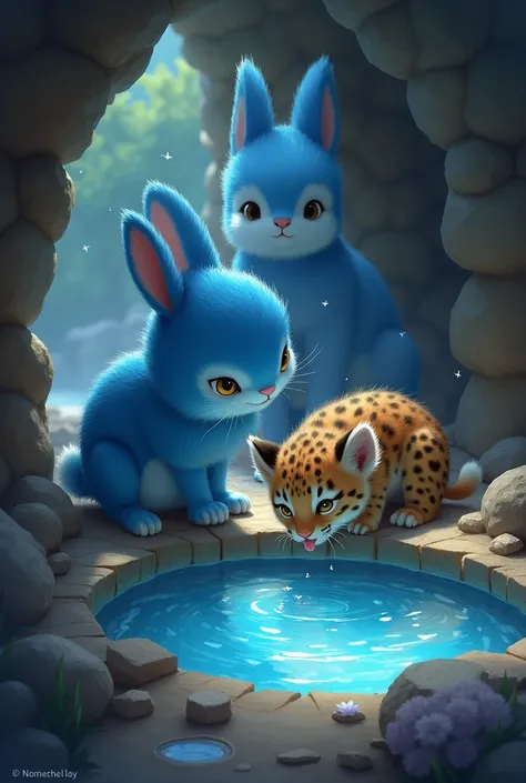 blue Rabbit offers water from a small pond in the cave. The leopard cub, licking its dry lips drinks from the pool while Azure stands nearby, his bright blue fur glowing in the dim light.
