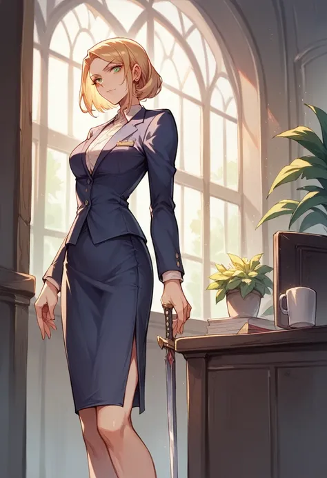 Anime, Beautiful Girl, Secret Lunatic Expression, C Cup Boobs, Height 160 CM tall, Swordmanship Hero, Office Uniform, Holding Her Sword, Positioned