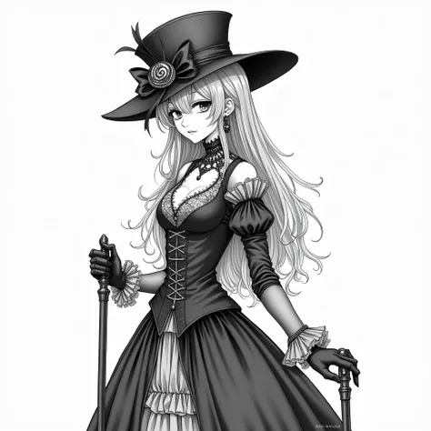 drawing of a woman in a costume with a hat and a cane, a manga drawing by Junpei Satoh, pixiv, gothic art, pencil and ink manga drawing, beautiful line art, pencil and ink manga, style of masamune shirow, by shirow masamune, ink manga drawing, highly detai...