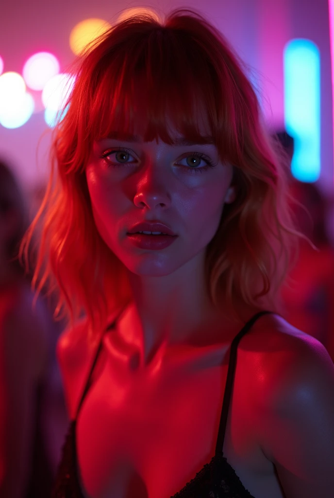 A soft-faced red-haired Brazilian teenager,  straight, straight hair with bangs, green eyes and thin lips in a sparkling nightclub, new, with a close-up of the seductive lines of her breasts and the neon lights reflecting off her body, highlighting its cha...