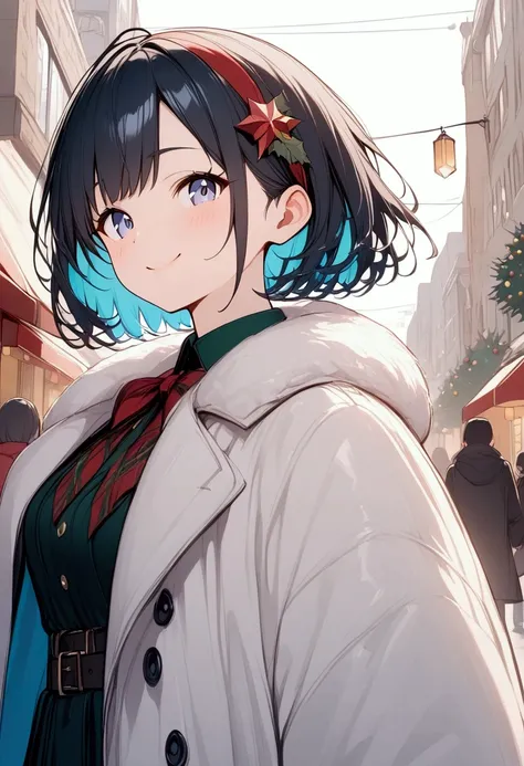 material、Thick paint、A very happy smile、Black Hair、Short Hair、One Girl、Heavy coat、Christmas、Downtown