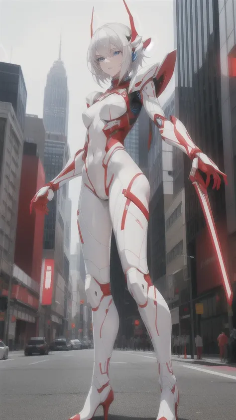 white-haired giantess，full blue eyes，pale skin，Chest，White and red fluorescent line bodysuit，red armor，slim figure，Thin legs，boots，Standing，[City，helmet,