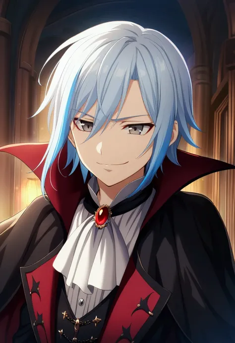 1boy, light blue hair, white hair streak, gray eyes, vampire clothes, CG, arrogant smile, teenage