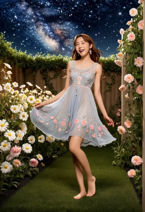 cute yuna, 2, sheer airy short dress with delicate embroidery, no underwear, laughing and playfully flirting as she moves through a flower garden barefoot, starry night, 1girl, intricate details, realistic, photorealistic, extremely detailed, hyper realist...