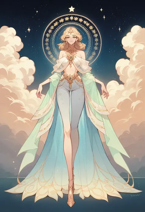 masterpiece, Beautiful Goddess of the Void, Full body white transparent clothing standing under the stars at night in the sky, Disappearing Transparent Pants, Full body standing, Tall Person, Thin legs, Facial details, Body parts details, 8K wallpaper