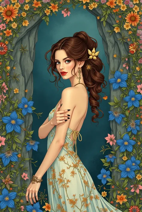 8k.Poster illustration in the style of Alphonse Mucha, Flat paint, beautiful flowers, beautiful woman, Beethoven,Full body like,slender body, art nouveau, Plants in the background,Mesa, Alfonse Mucha,Blue Clematis、 high details