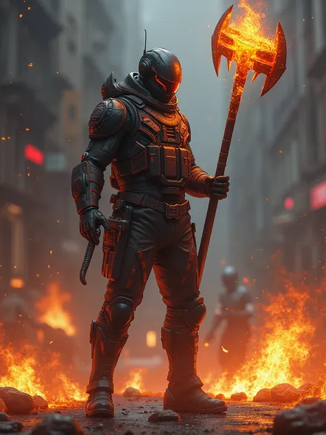 A unique and improvised melee weapon called the "Marteloca Flamejante," designed to be versatile and lethal in combat. Its appearance is futuristic and scary, suitable for a sci-fi setting. Extendable Pole: The base of the weapon consists of a telescopic s...