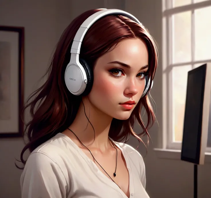 there is a woman wearing headphones standing in a room, realistic artstyle, background artwork, neoartcore and charlie bowater, charlie bowater art style, artgerm and atey ghailan, stunning digital illustration, realistic cute girl painting, artgerm jsc, c...