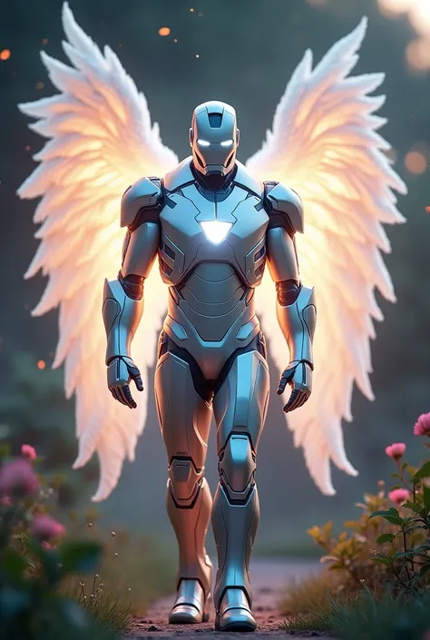 "A highly realistic depiction of Iron Man as a peaceful angel during twilight. His traditional armor is infused with celestial energy, giving it a glowing white and silver finish. His wings are made of a soft, glowing material that looks like a combination...