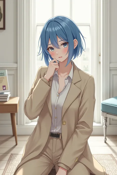 One with blue hair, gray eyes, short hair, beige clothes