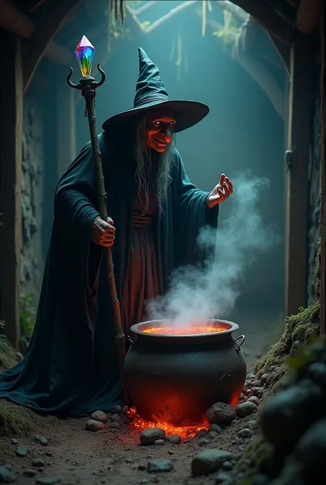 Best Quality, masterpiece, In a lonely, dark hut,A huge pot emitting a lot of steam and smoke,poison々Bright colored liquid is boiling.,An old witch wearing a black tricorn hat and black robes,Creepy smile,A large, pointy, droopy nose,A large staff with a r...