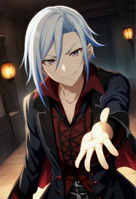 1boy, blue hair, white hair streak, gray eyes, vampire clothes, CG, arrogant smile, teenage