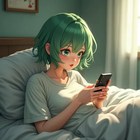 vocaloid adult woman with short green hair using cell phone on bed in bedroom, digital art style