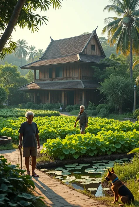 
A quiet and lush vegetable garden in front of a large multi-storey poor Cambodian house with traditional architectural features. The organic farm is beautifully maintained with a variety of plants and a small pond with lilies. An elderly Cambodian couple ...