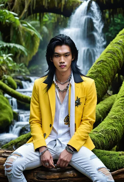 ,handsome young man of Tai-Indonesian race, fair skin, 20 years old, elegant long black hair,wearing a yellow and white jacket with the words"METHOD",wearing torn black and white jeans,wear shoes,holding a shiny iron chain tied around the neck of a blue an...