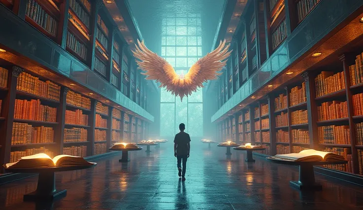 A surreal library where books are alive. Some books cluster together, their pages tangled. Others stand alone, glowing with inner light. A person walks through, touching the solitary books, which causes them to sprout wings and fly. The clustered books try...