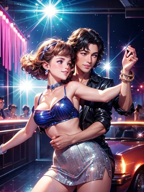 (Sparkling Dancing:1.1), Every day is smiling, those days were dreaming, sentimental dancing, everything was shining, sentimental dancing, Early 80s, City Pop Style, Full of music, Early 80s disco scene, (80s clothing and accessories, Sparkling mirror ball...