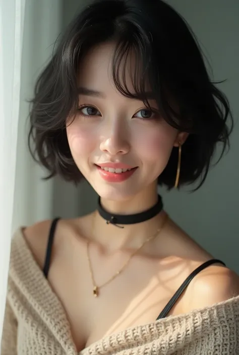 Best Quality, masterpiece, Ultra-high resolution, Photorealistic, 1 girl, Off the shoulder, knit, smile, smile, Slightly visible, Extra Large_sweater, Soft lighting, Detailed skin, bangs, Black Hair, Clear Eyes, Short Bob Hair, Transparency, Japan, Korean,...