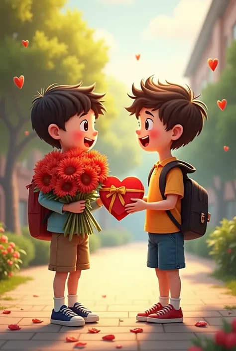 A boy holding a large bouquet of red flowers at a school, one of his friends hands him a heart-shaped box of chocolates 